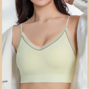 Silk Back Bra with Light Luxury Ribbed Jacquard Design, Seamless Thin Strap Breathable Fixed Cup Camisole Bra for Women
