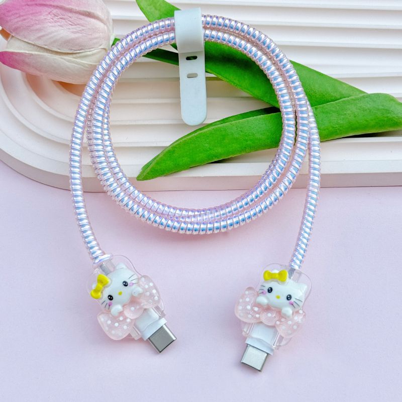 데이터 케이블 보호(케이블 바이트 한 쌍 포함) - Apple 고속 충전 20w에 적합한 [나비 핑크 고양이]