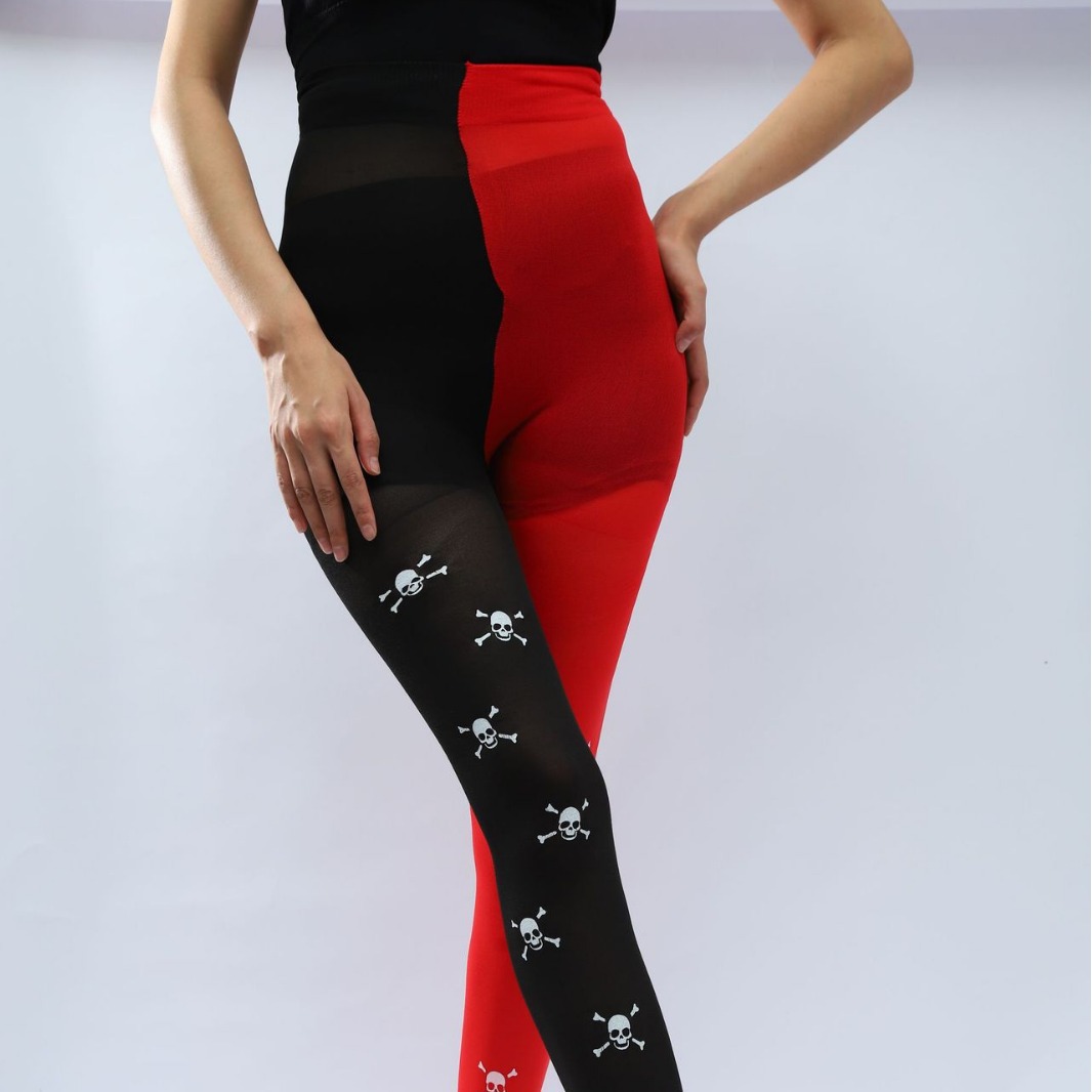 新款万圣节成人连裤袜 狂欢派对阴阳连裤袜舞会服装红黑踩脚裤