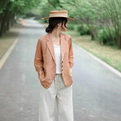 古いカレーの服の夏のラミーの小さいスーツのコートの女性の反論の襟のゆったりしているシンプルな7分の袖の外はカーディガンの上着を掛けます。