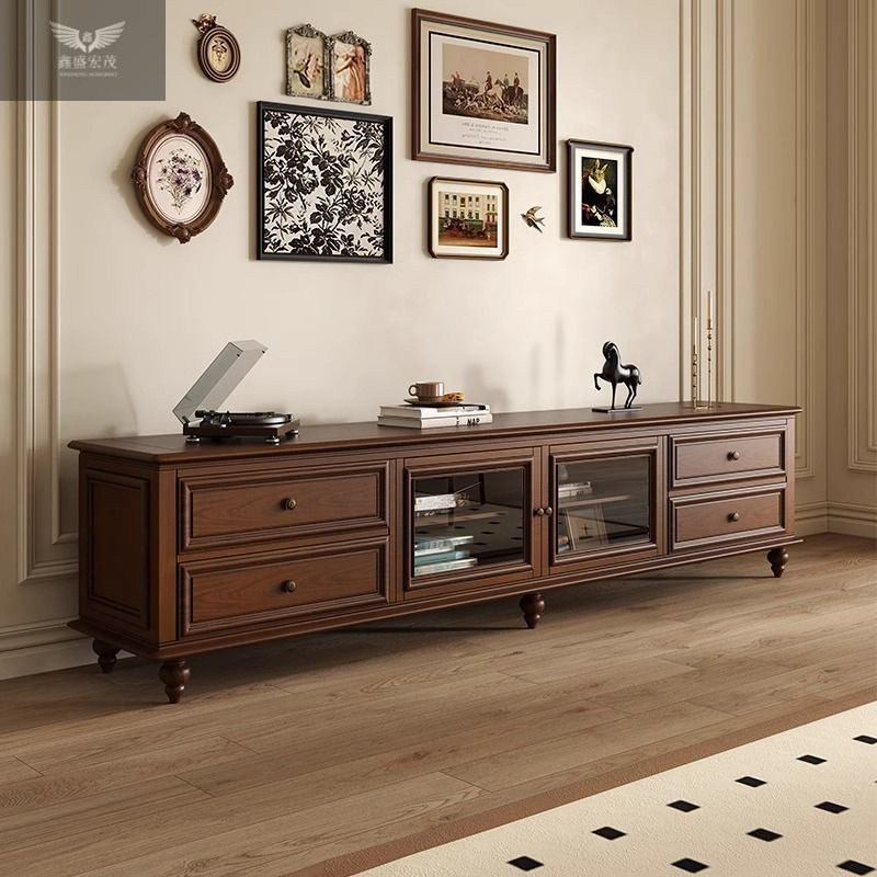 Retro estilo medieval color nuez lujo ligero piso al suelo gabinete de televisión Logan estilo americano gabinete de televisión de madera sólida 24 años nuevo modelo de alta calidad