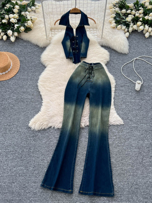 Retro Cool Halter Neck Sleeveless Vest + High-Waisted Slim-Fit Gradient Color Tie-Up Denim Pants Set for Women Summer