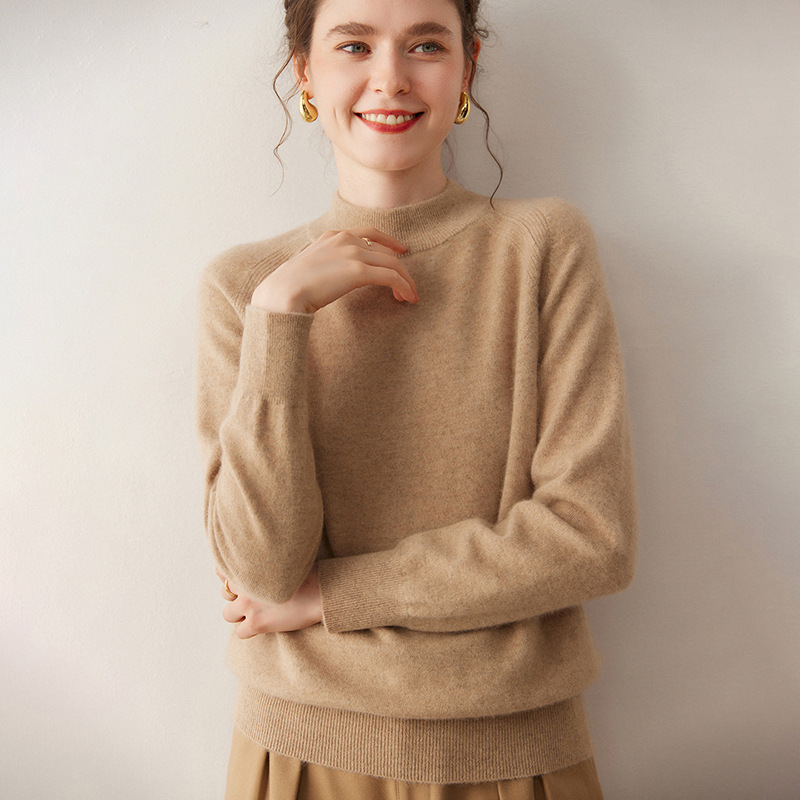 Half Turtleneck Cashmere Sweater for Women in Autumn and Winter, Loose Daily Matchinging Inner Layering Sweater with Shoulder Jacquard Raglan Sleeves