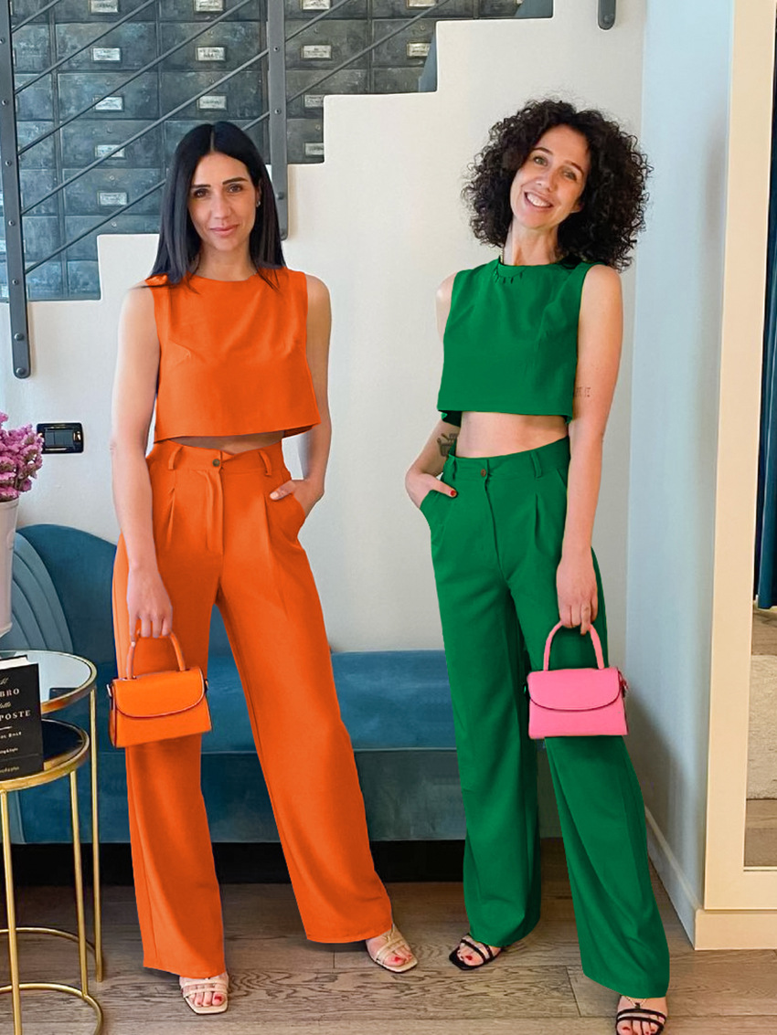 329g Weight Sleeveless Sleeve Length Daily Women'S Fashion Solid Color Cotton Spandex Patchwork Pant Co-ord Set Pants Sets