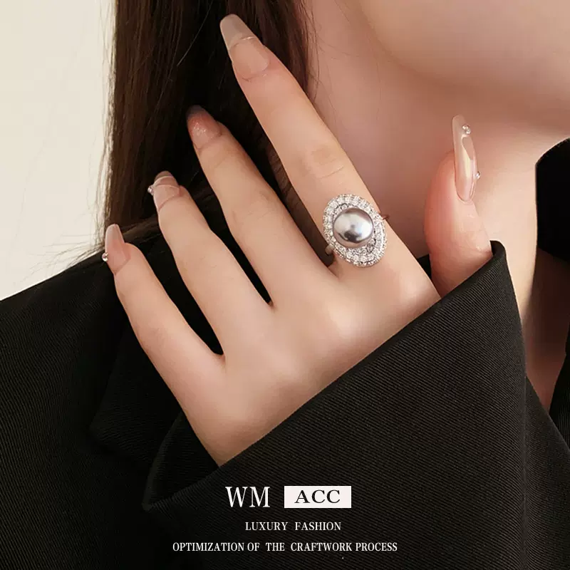 锆石椭圆珍珠开口戒指韩国气质百搭食指戒轻奢高级感手饰厂家批发