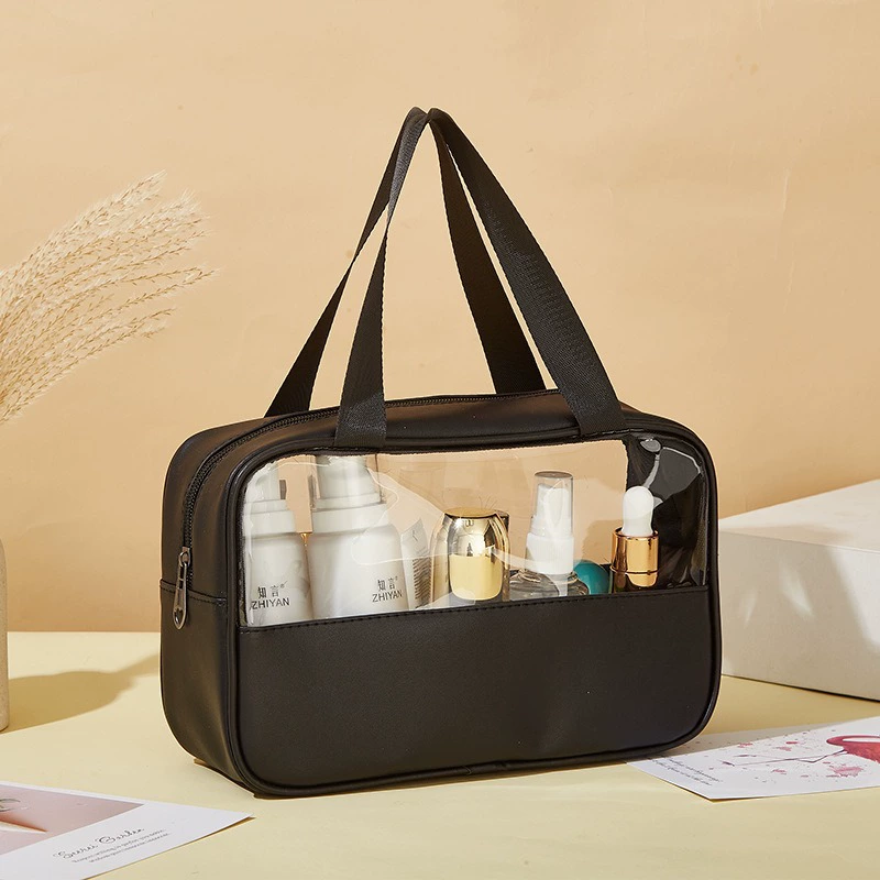 Capacious waterproof cosmetic bag PVC, polyurethane handheld organizer bag for traveling
