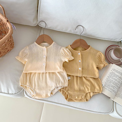 Ins Korean version baby laceless solid color button set for girls, short sleeve shorts set for home and outdoor wear, casual two-piece set