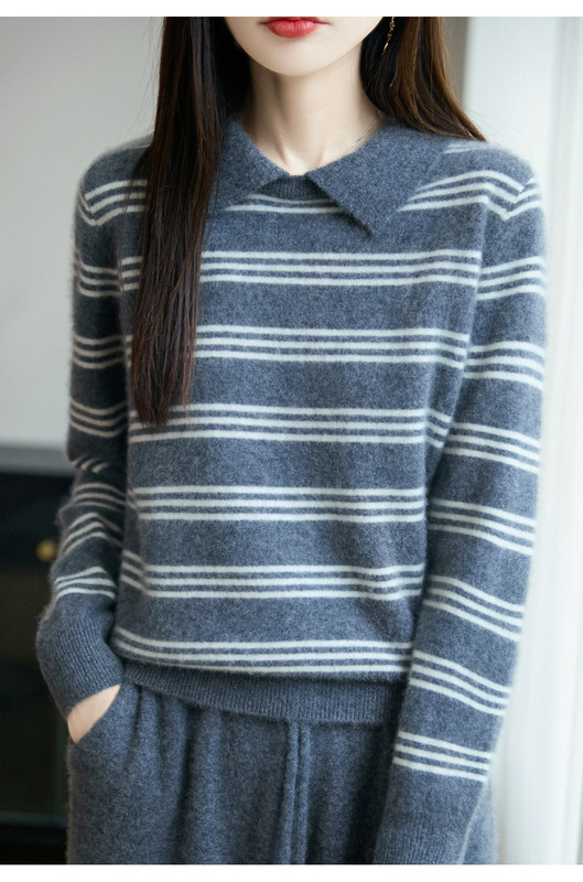 秋冬款100%纯羊毛衫女POLO领条纹拼色针织毛衣学院风宽松打底上衣|undefined