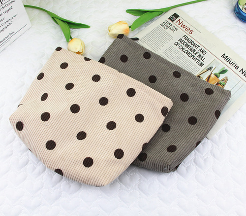 Large smiley corduroy cosmetic bag retro polka dot storage toiletry clutch bag key mobile phone wallet pen bag