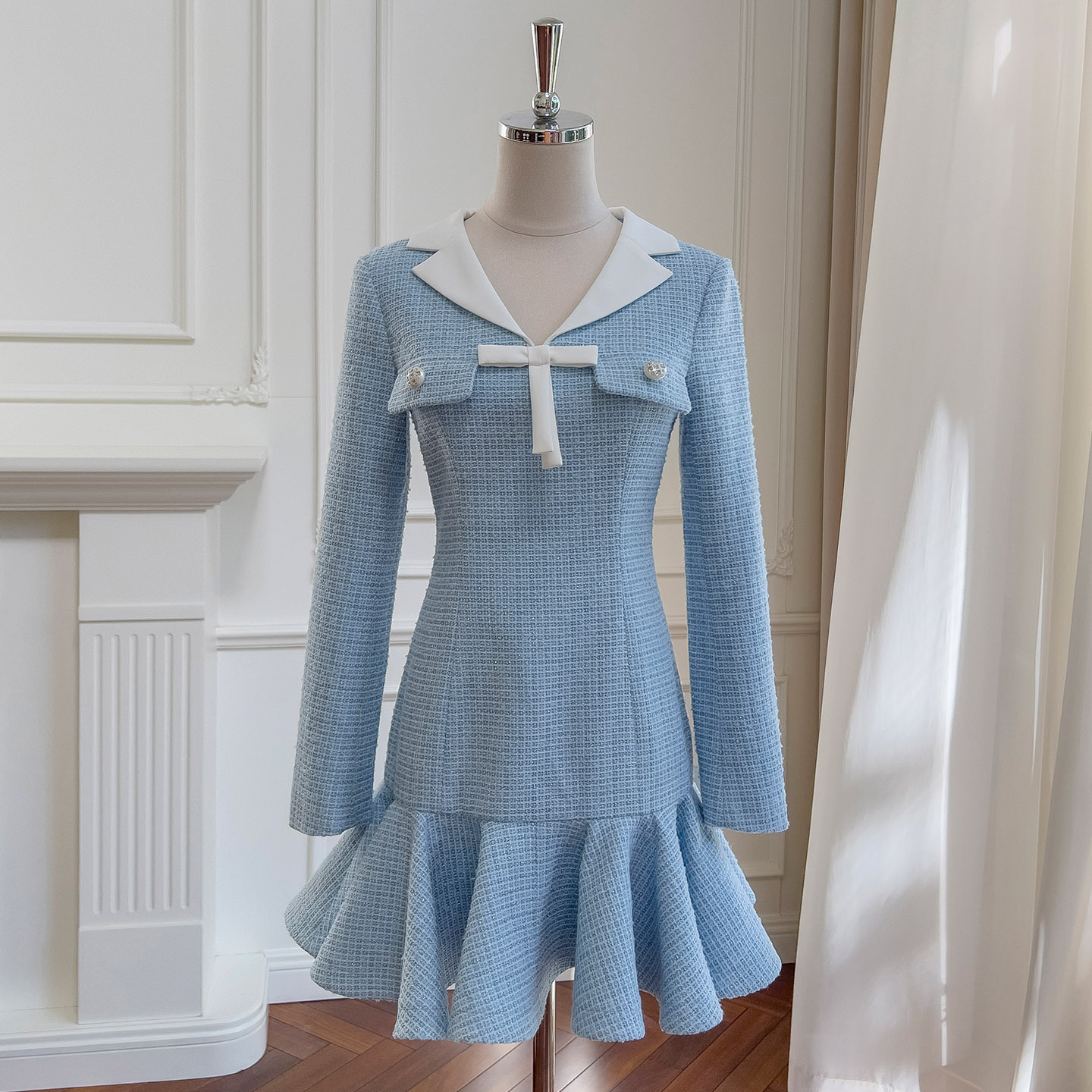 Celebrity Daughter Style French Ruffle Dress Tweed Waist Dress V Neck Long Sleeve Fishtail Skirt 69490