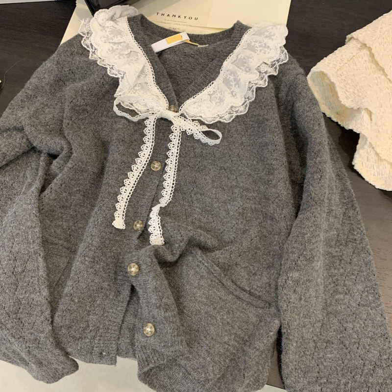Doll Collar Sweater for Women, Spring and Autumn, Lazy Cute Sweet Lace V-Neck Knit Cardigan Jacket, Japanese Style Gentle Top