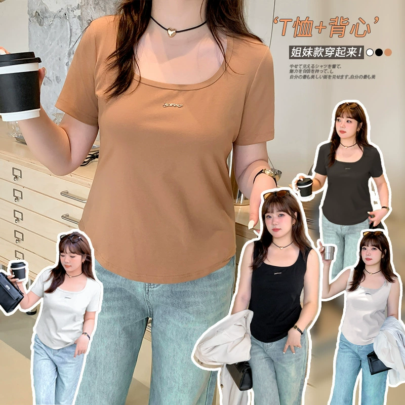 Однотонная универсальная футболка с U-образным вырезом и короткими рукавами, больших размеров, женская, весенняя, новая, облегающая, для ношения под одеждой, модель 120033