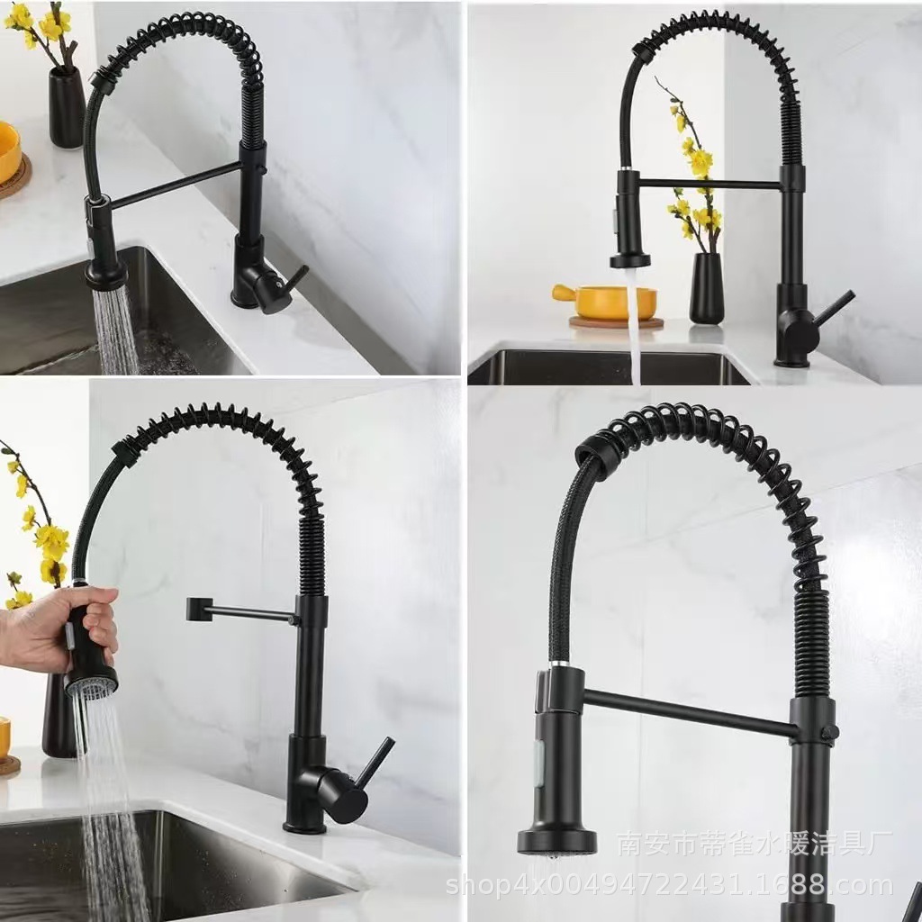 Cross-border stainless steel high-pressure spring kitchen faucet, pull-out cold and hot sink, sink for washing vegetables, double water outlet with spray gun Specification drawing