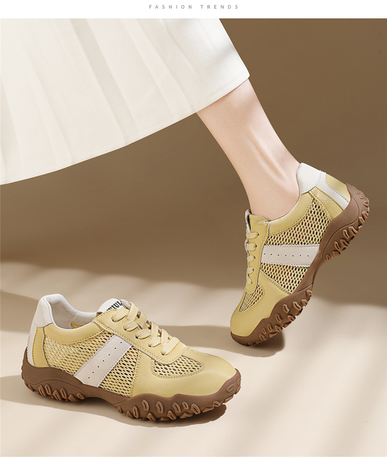 Giày sneaker nữ đế dày lưới da thật thoáng khí mùa hè 2025 phong cách Đức Huấn — Lưới JST 7233m màu, Lưới vàng JST 7233 chi tiết 7