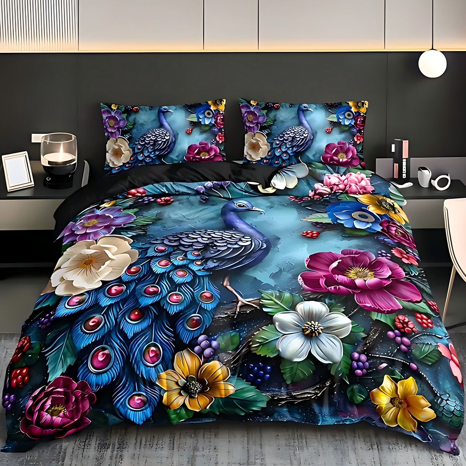 TEMU / JIT Peacock Flower HD Impresión digital abrasión colcha de cama set transfronterizo se puede ajustar