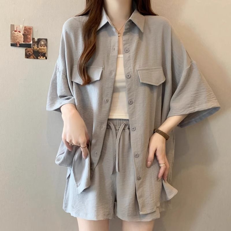 大码夏季短袖一整套女胖mm炸街卡其色防晒衬衫外套套装短裤两件套|undefined