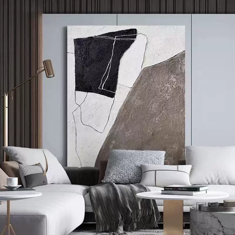 纯手绘大尺寸玄关客厅落地画黑白灰点线面色块装饰画立体肌理挂画