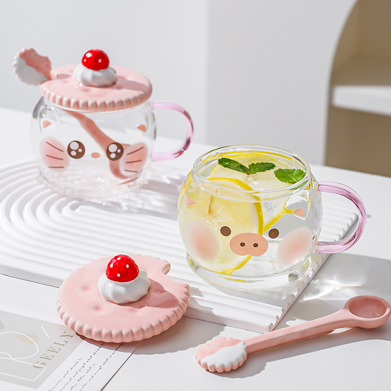 Creativo lindo alto borosilicato vidrio taza rosa corazón de la chica regalar taza de agua con cuchara de cerdo taza de gato