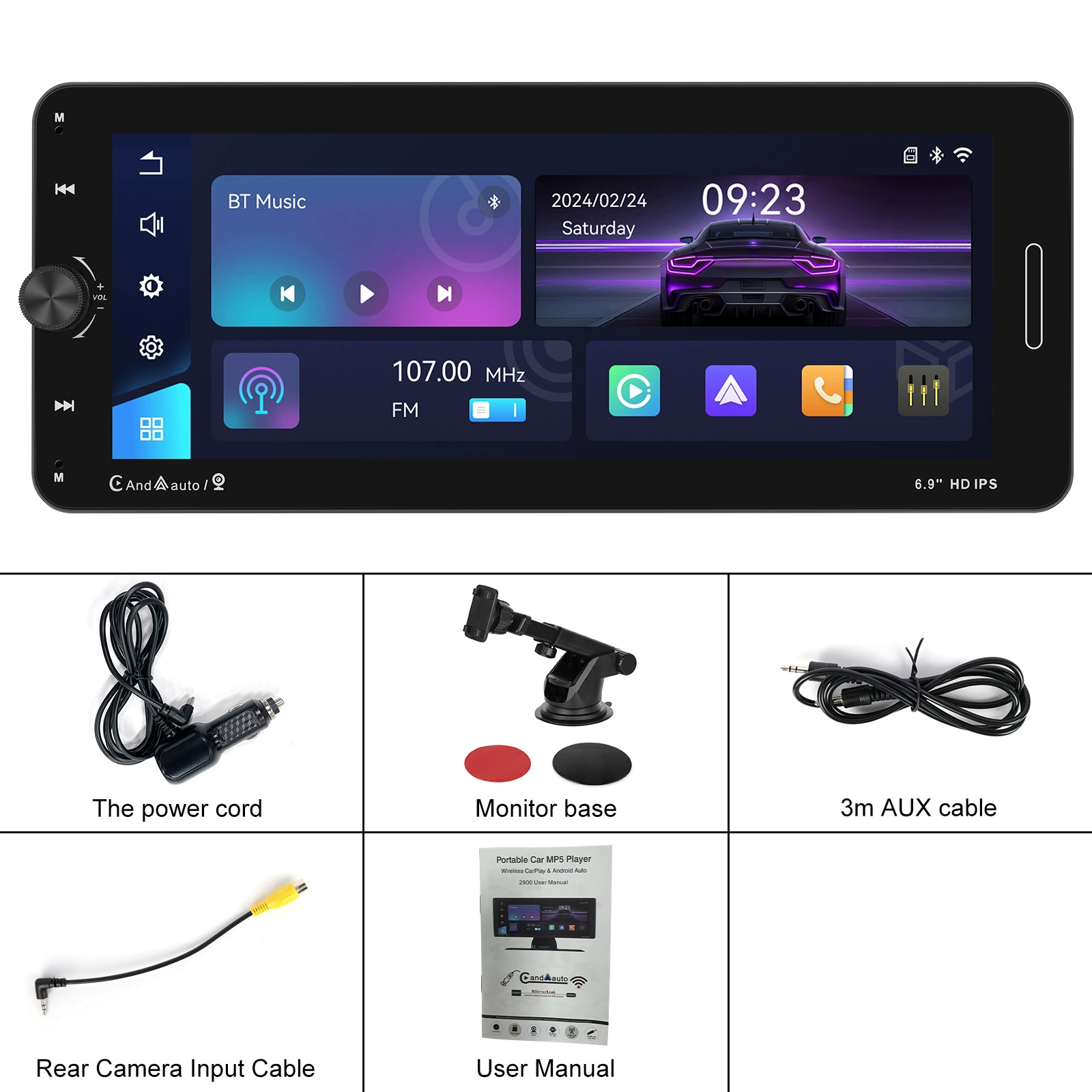 Беспроводной CarPlay PND 6.9 дюйма — полно сенсорный плеер без камеры заднего вида, портативный автомобильный Bluetooth MP5-плеер
