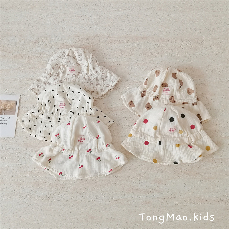 Chapéu de sol para bebé em gaze de algodão com estampado urso_voghion.com