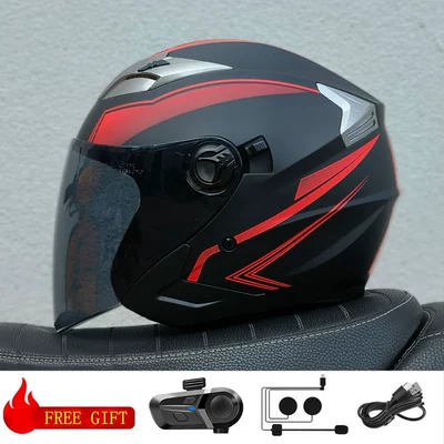 Cross-Border Supply 3/4 Helmet | Motosiklet kaskı (dəbilqə) - red-line-brown-lens-with-bluetooth-m57-58