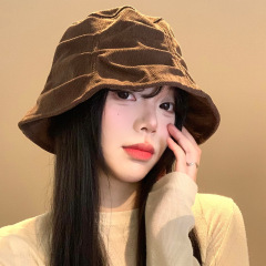灯芯绒褶皱渔夫帽女日系复古美拉德水桶帽大头围显脸小素颜盆帽子