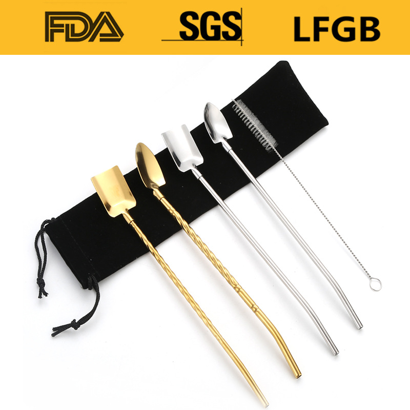 Internet celebridad 304 de acero inoxidable cuchara de paja creativa jugo de café cuchara integrada pala de paja de sandía pala