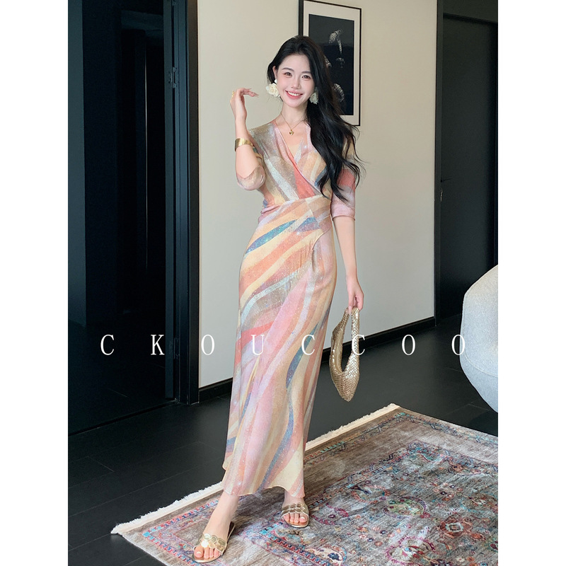 Rongtai Multicolored Glass Bead Floral Silk Dress for Women, V-Neck One-Piece Wrap-Around Slimming Romantic Long Dress