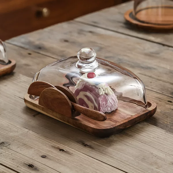 Wooden Butter Box Butter Box Cheese Crisper with Glass Dust Cover Snack Snack Storage Tray Baking Tools