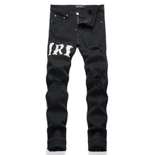 AM欧货男士纯黑色牛仔裤破洞刺绣潮流弹力修身时尚裤百搭男裤3796