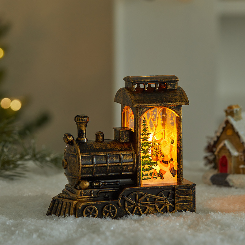 Luce notturna a forma di treno di Natale: lanterna a LED festiva attivata dall'acqua con disegni di Babbo Natale, renne e pupazzo di neve (dettagli con pennello dorato)_voghion.com