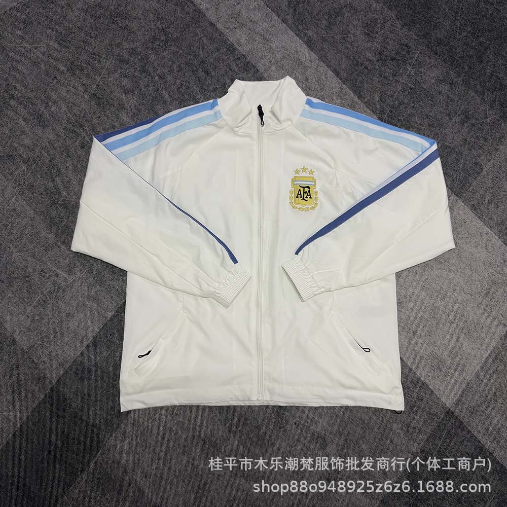 New Argentine jacket with stand-up collar, white football training jacket, zippered windbreaker for men, double-layer, suitable for spring and autumn