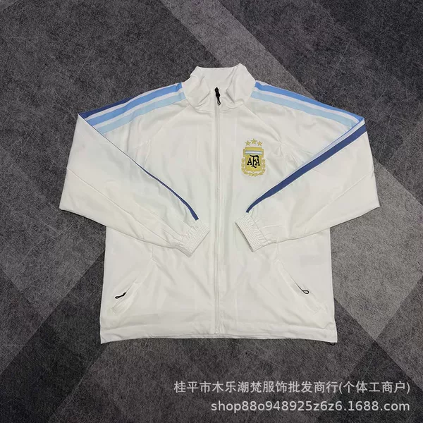 New Argentine jacket with stand-up collar, white football training jacket, zippered windbreaker for men, double-layer, suitable for spring and autumn
