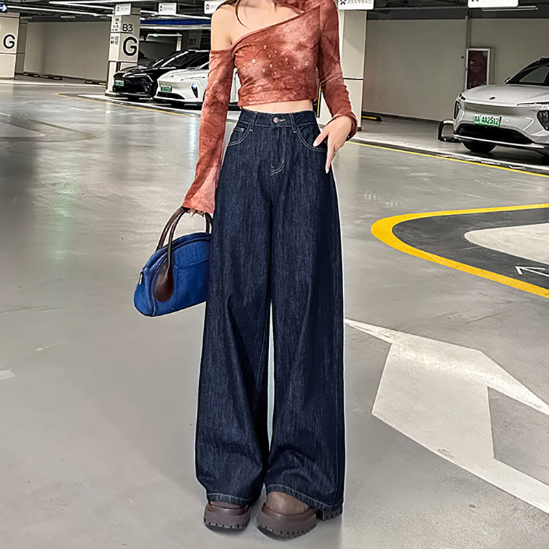 다크 블루 빈티지 기모 청바지 여성의 가을과 겨울 새로운 높은 허리 슬리밍 넓은 다리 바지 살포 덮음 벨리 올 매치 걸레 바지