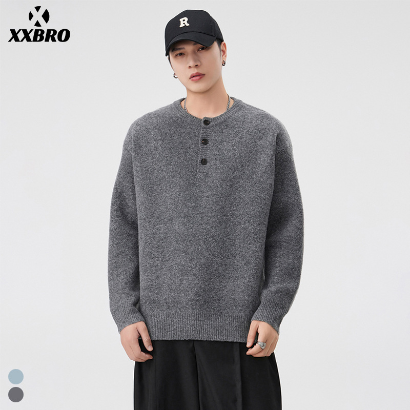 Muxi Clothing # Autumn and Winter Retro Old Money Style Henry Collar Buttoned Knit Sweater Long-Sleeved Loose-Fitting Base Shirt for Men