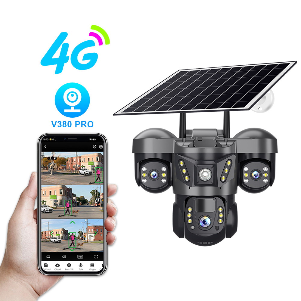 V380 monitor de alta definición de visión nocturna al aire libre célula solar de tres lentes Yuntai 4G cámara europea y americana