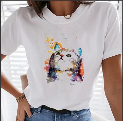 Creative cute cat with love print loose short sleeved T-shirt couple outfit_voghion.com