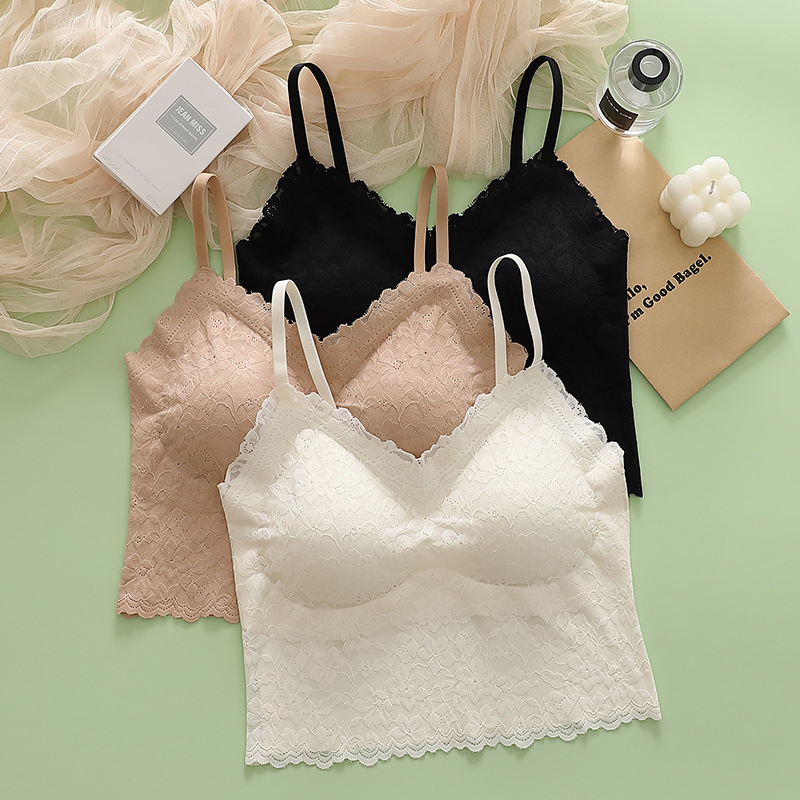 Summer traceless ice silk beautiful back suspender small vest lace suspender with chest pad for women inside and outside wearing chest pad for vest