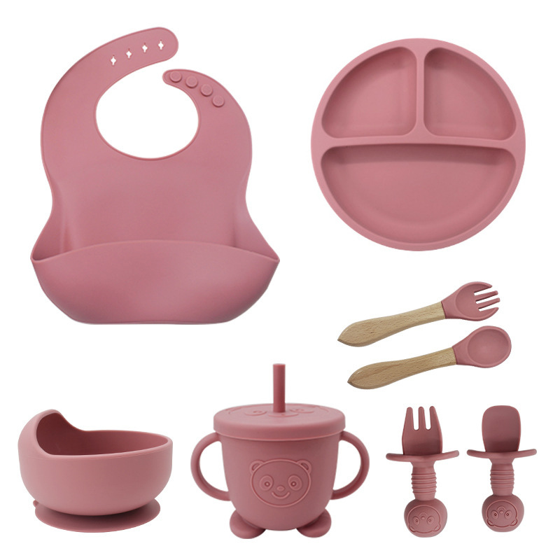 Eight-piece set (115g Bib + suction cup + bowl + straw cup + wooden fork spoon + bear fork spoon): deep pink