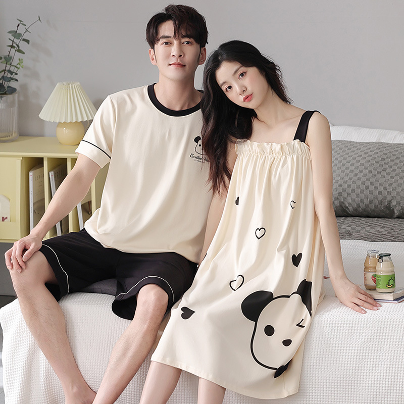 Couple Pajamas Summer Pure Cotton Korean Style Short-sleeved Men's Casual Home Clothes Women's Chest Pad Sling Cute Nightdress