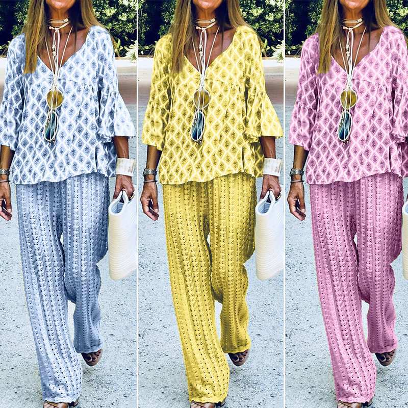 2023 Amazon Women's Printed Fashion Loose Casual Trousers Set Short Sleeve V-Neck Sportswear Summer