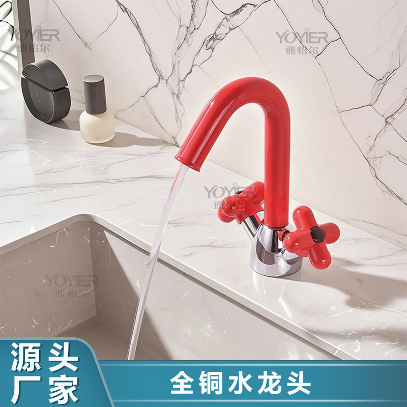 Candy Red Washbasin Faucet, All-Copper Hot and Cold Cute Basin Faucet for Bathroom, Under-Counter Basin, Dual-Hole Design Candy Red Washbasin Faucet, All-Copper Hot and Cold Cute Basin Faucet for Bathroom, Under-Counter Basin, Dual-Hole Design