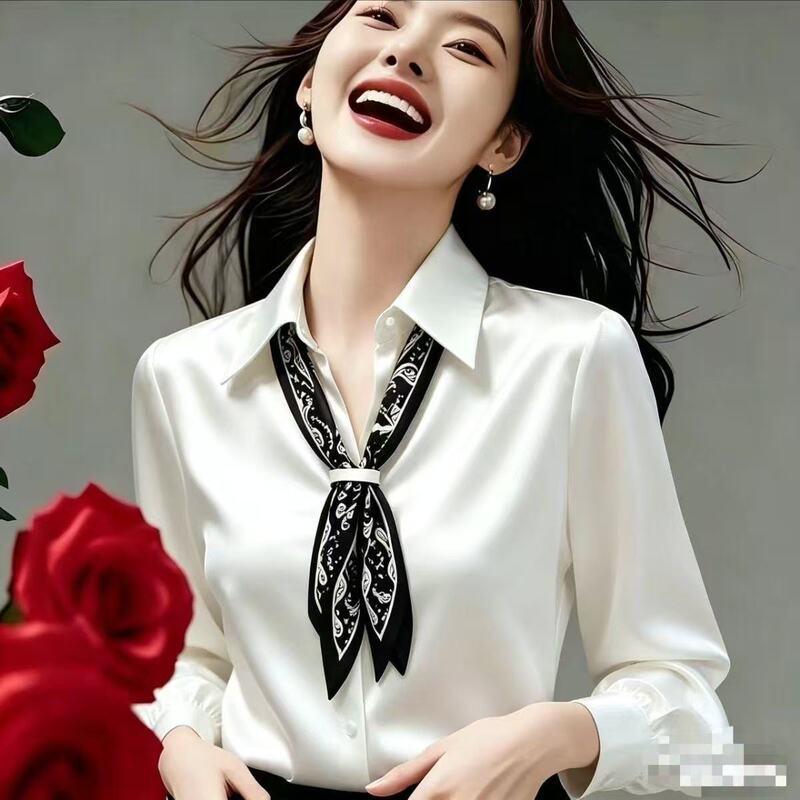 【In-stock delivery】New autumn and winter women's fashion versatile long-sleeve shirt with satin design, comes with a scarf
