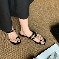 牛皮版~法式小金扣真皮一字拖鞋女夏外穿套趾平底半拖鞋涼拖半托