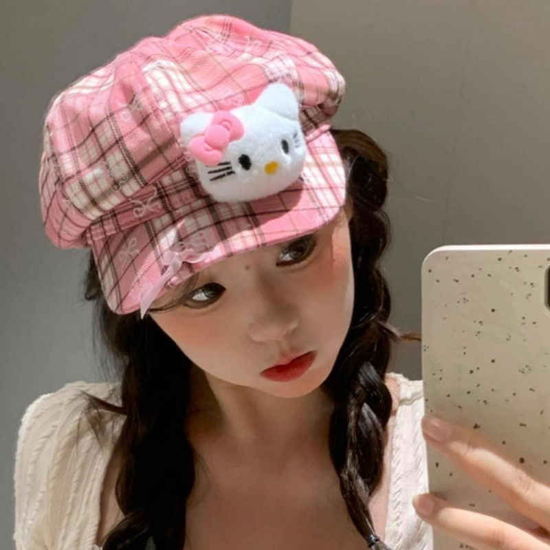 原创辣妹古早味kt猫蝴蝶结八角帽子女甜美可爱显脸小画家帽贝雷帽|undefined