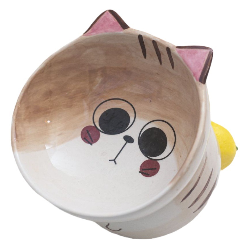 Mascota gato tazón de cerámica alta pie ancho cara gato agua tazón protección del cuello del animal doméstico tazón hecho a mano color bajo vidriado protección del cuello
