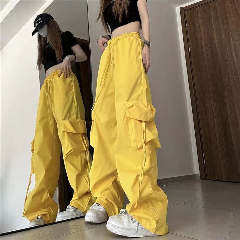 美式复古速干工装休闲裤女夏季薄款直筒飘带宽松拖地阔腿长裤|undefined