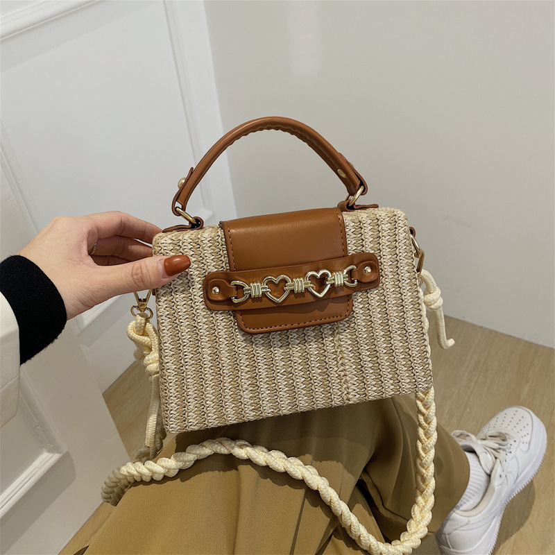 Women's Medium Straw Color Block Solid Color Vacation Beach Weave Magnetic Buckle Straw Bag display picture 4
