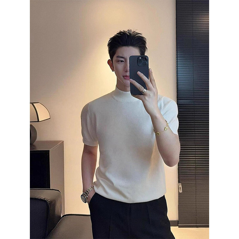 Old Money Style High-End Half-Turtleneck Sweater for Men, Knitted Short-Sleeve Slim-Fit Black Casual Base Layer Shirt