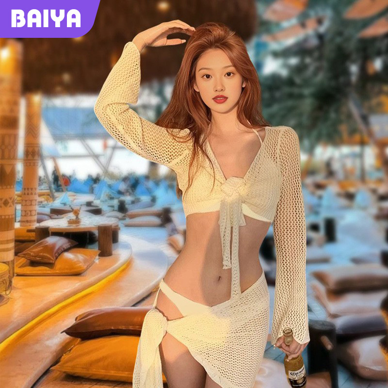 2025 nuevo bikini sexy estilo de chica de cuatro piezas conjunto de camiseta de manga larga de playa de vacaciones trajes de baño de mujer